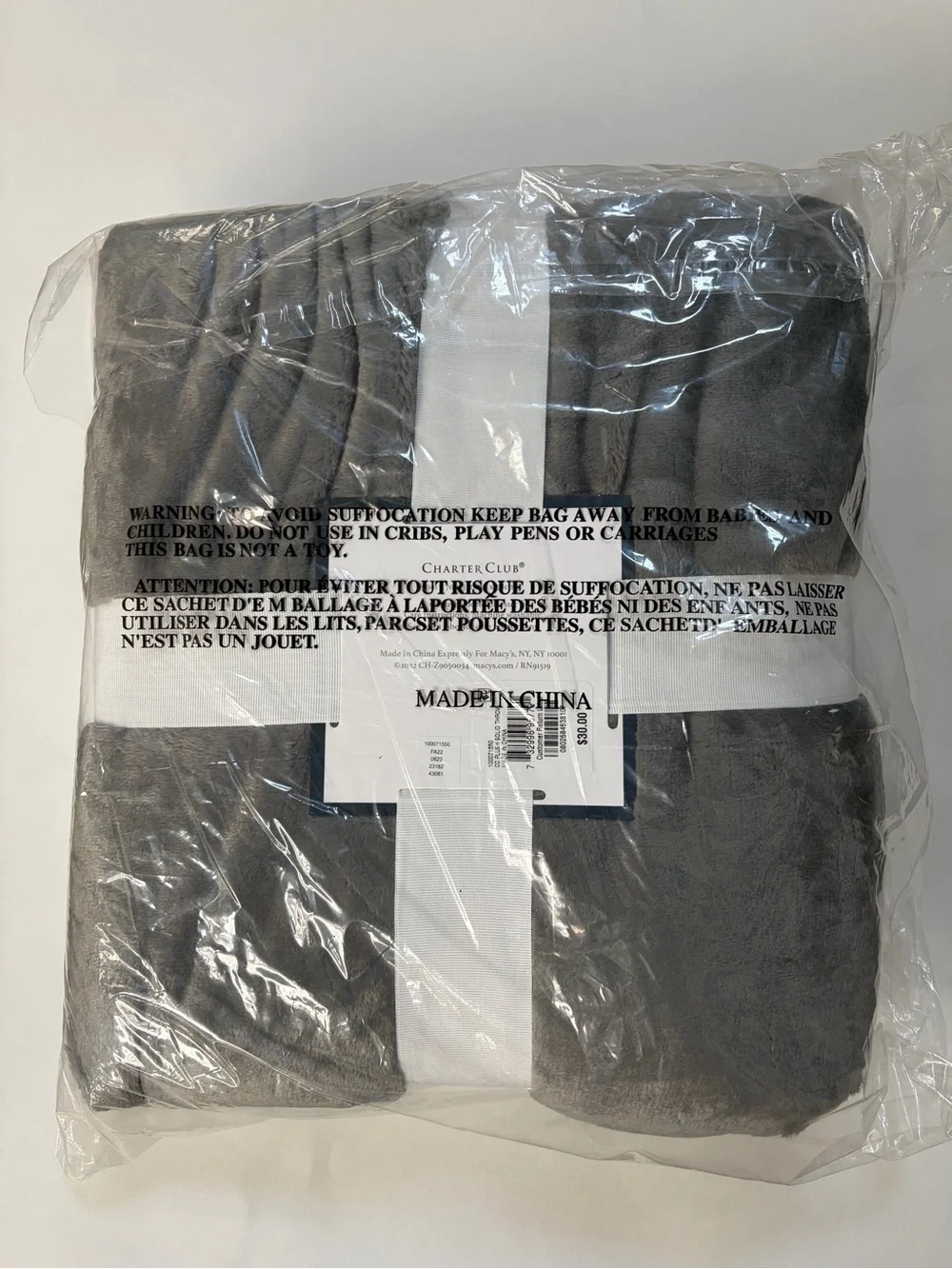 Charter Club Gray Faux Fur Throw Blanket - Plush Cozy 50x 70 inches Brand New
